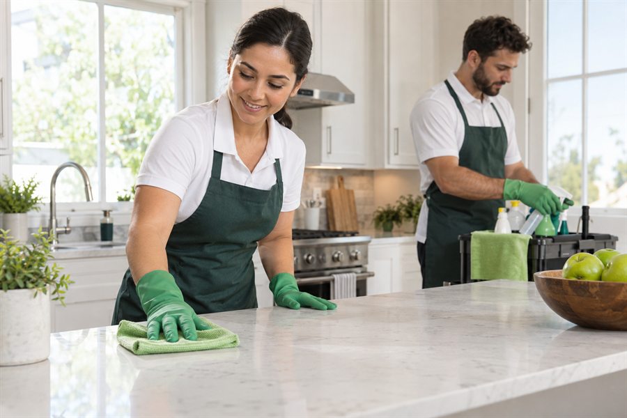 Professional cleaners working in a bright kitchen